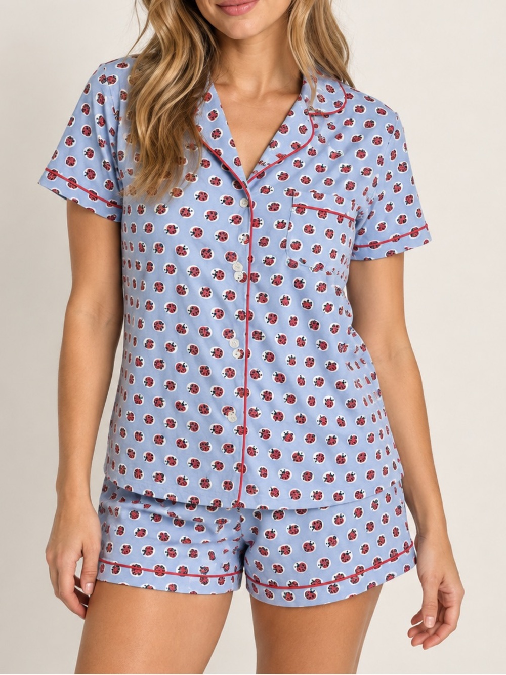 Roller Rabbit Love Bug Pajamas 2 Piece Matching Set Shorts Button Down Medium